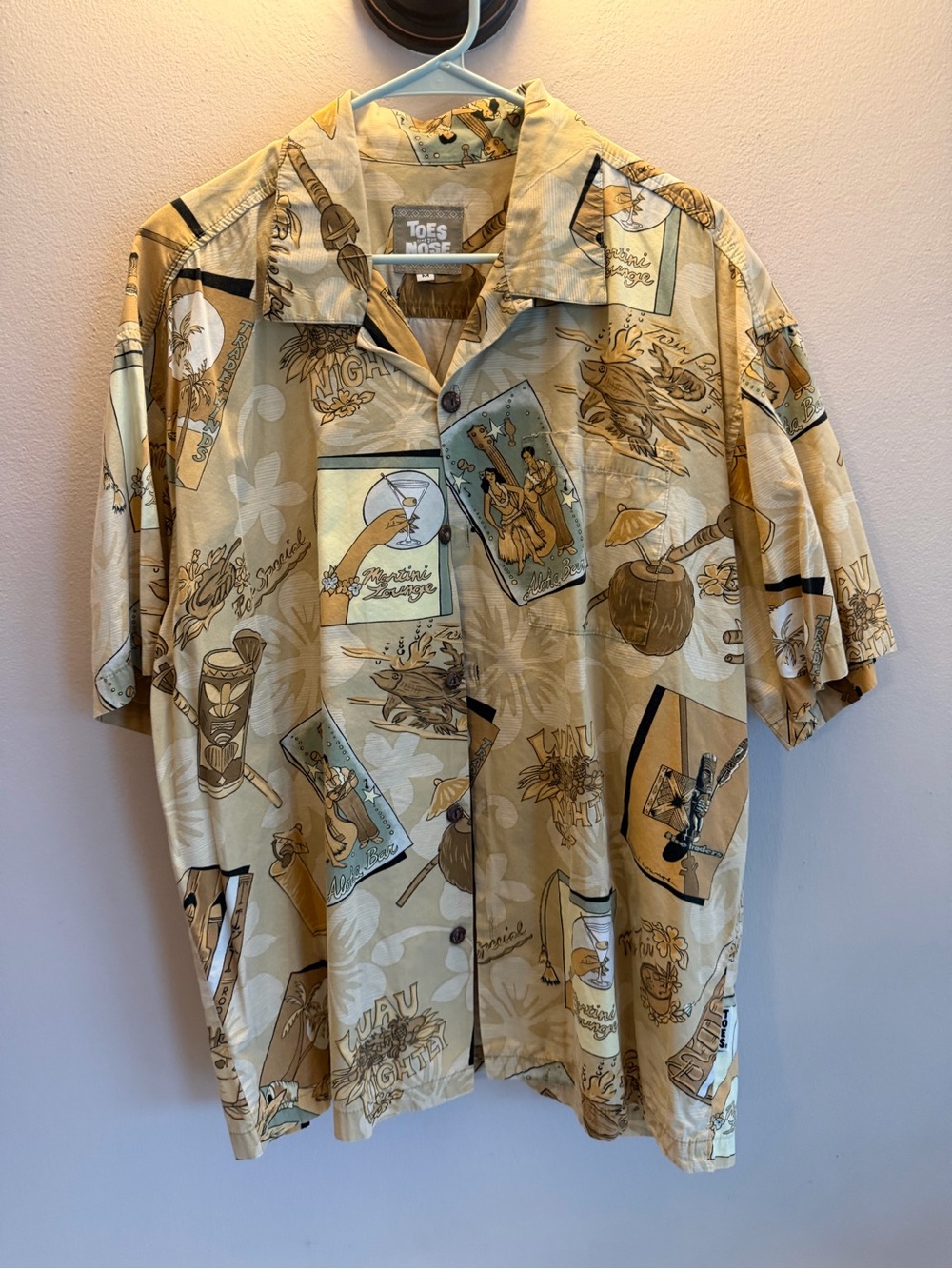 Tommy Bahama Silk Hawaiian Shirt Mens XL Tan Luau Nightly Tiki Cocktail Camp